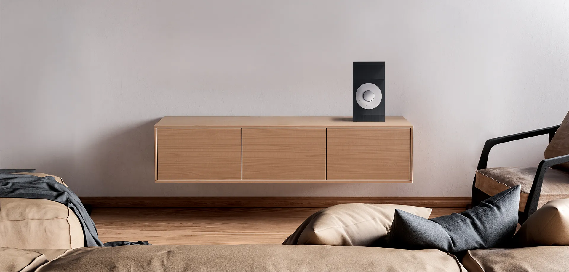 Mockup of a living room with a Smart Home speaker.